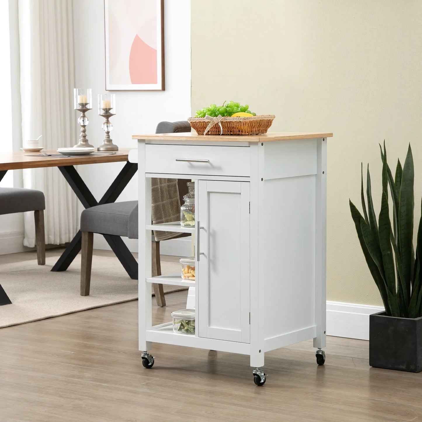 Compact Kitchen Cart on Wheels, Open Shelf, Storage Drawer, White Kitchen Islands & Kitchen Carts at Gallery Canada