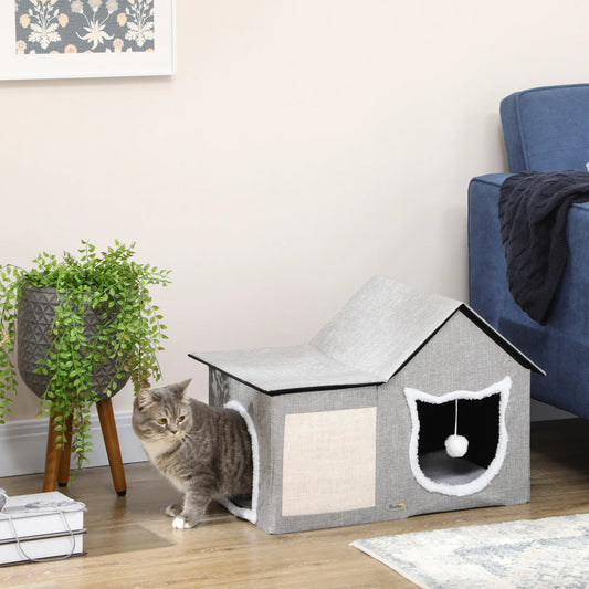 Large Cat Bed, Indoor Cat House with Soft Cushion, Scratching Pad, Grey Cat Houses Grey, Cream White at Gallery Canada