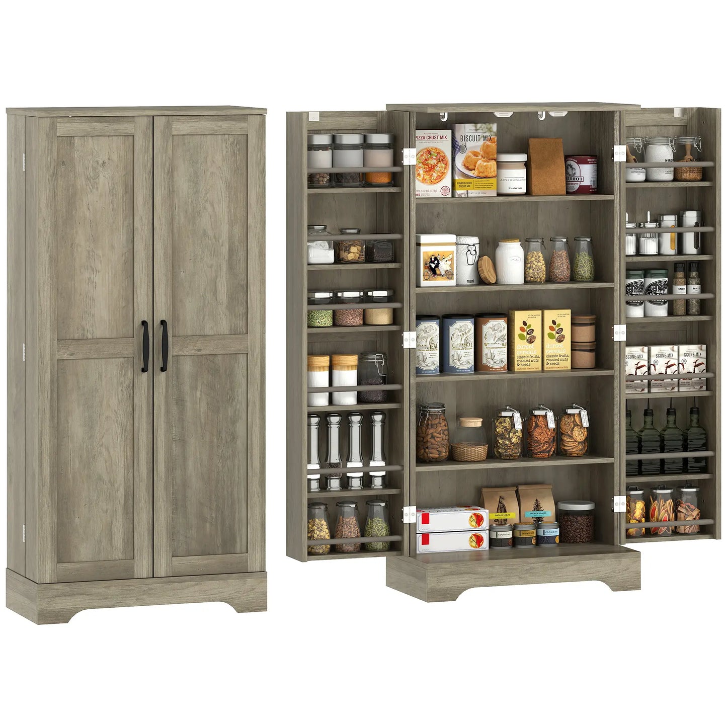 50" Pantry Storage Cabinet, Farmhouse Style, Adjustable Shelves, Distressed Grey, Grey Kitchen Pantry Cabinets at Gallery Canada