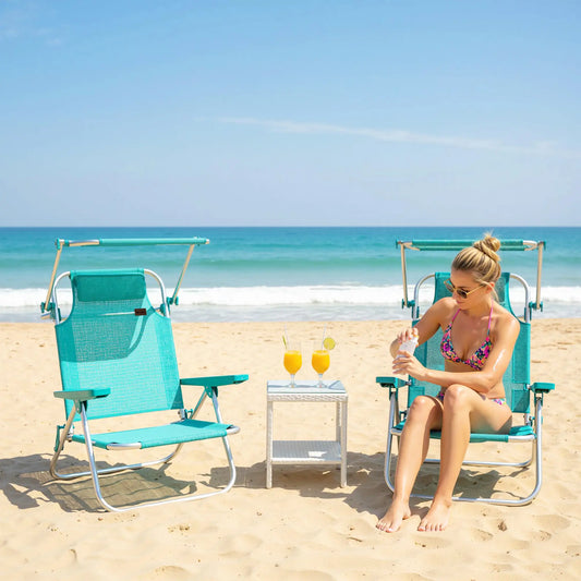 Folding Beach Chair, Adjustable Canopy, 6-Position Reclining, Turquoise Beach Accessories Turquoise at Gallery Canada