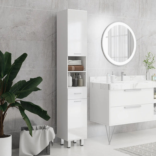 71" Tall Bathroom Storage Cabinet, Linen Tower with Drawer, Open Shelves, White Bathroom Cabinets High Gloss White at Gallery Canada