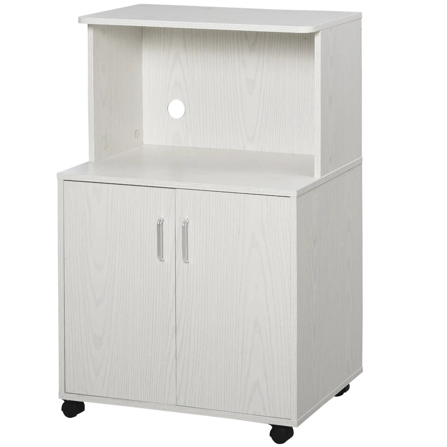 Microwave Cart on Wheels, 2-Door Cabinet, White Oak, White Kitchen Pantry Cabinets at Gallery Canada
