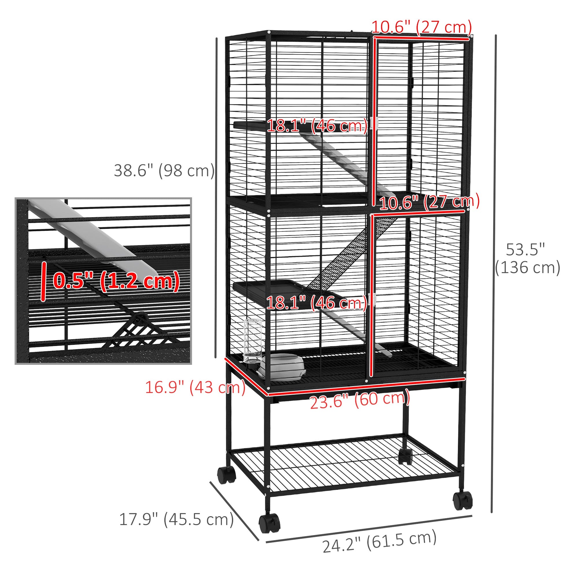 Rolling Small Animal Cage 53.5"H Chinchilla Cage for Ferrets, Squirrels w/ Removable Tray, Storage Shelf, Black at Gallery Canada