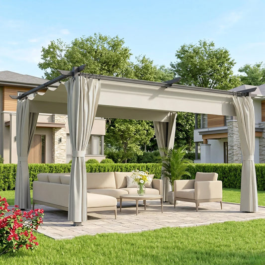 10' x 13' Pergola With Retractable Canopy, Curtains, UPF30+ Sun Shade Pergolas Cream at Gallery Canada