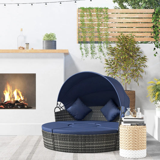 Outdoor Daybed with Canopy, Wicker Round Sofa, 4 Pieces, Dark Blue Patio Furniture Sets Grey Rattan, Dark Blue Cushion at Gallery Canada