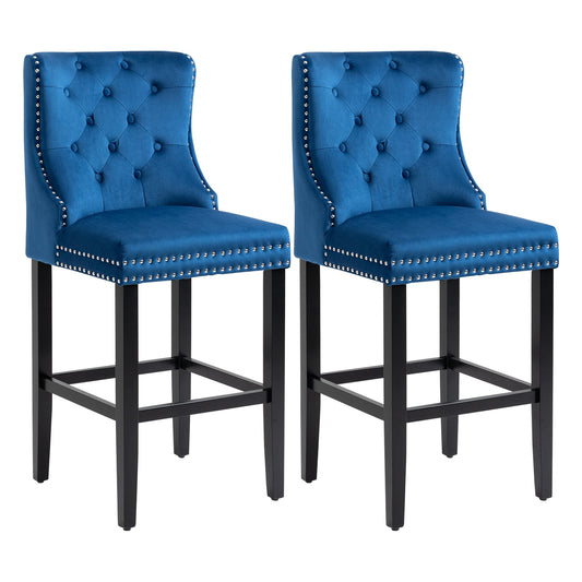 Upholstered Fabric Bar Stool Set of 2, Button Tufted 29.5" Seat Height Pub Chairs with Back &; Wood Legs, Blue at Gallery Canada