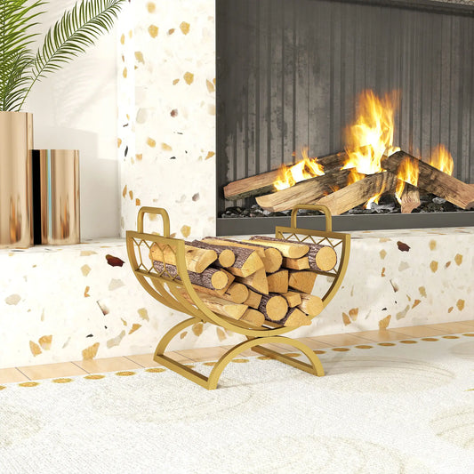 Firewood Rack, Heavy Duty Log Holder with Handles, 18" x 14" x 16", Gold Firewood Racks Gold at Gallery Canada