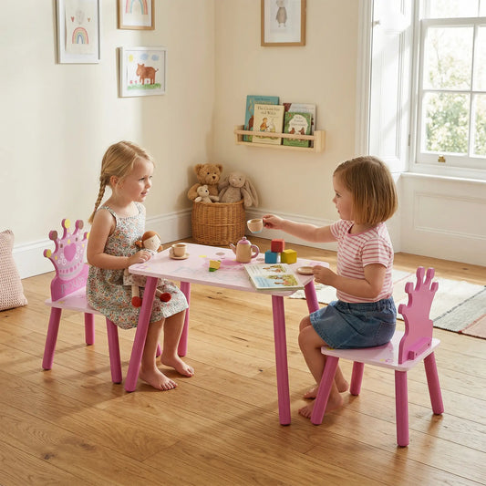 Kids Wooden Table Chair Set, Crown Pattern, Easy Clean, Age 2-4, Pink Kids Table Sets Pink at Gallery Canada