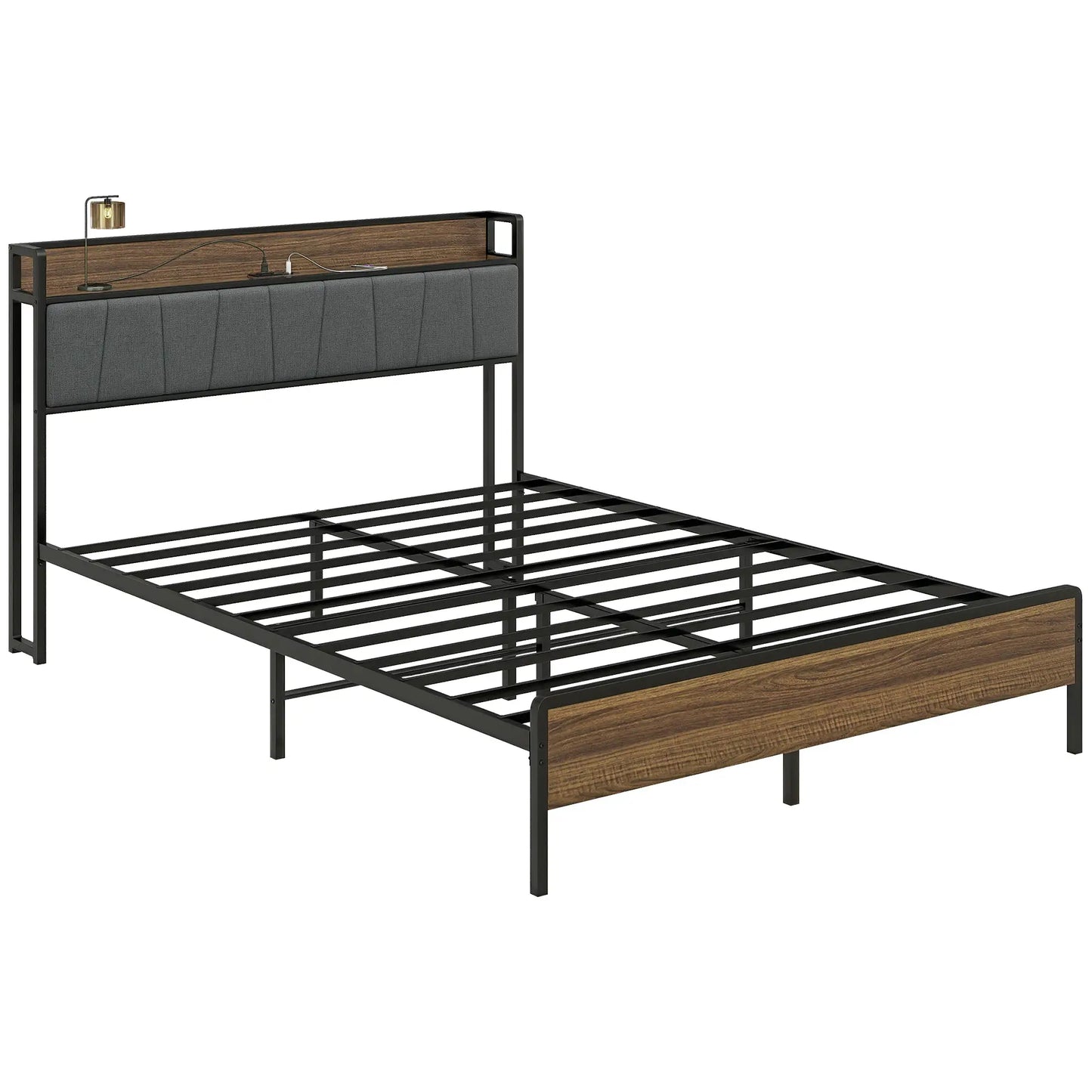 Full Size Bed Frame with Charging Station, Upholstered Headboard, Storage Shelf, Walnut Bed Frames at Gallery Canada