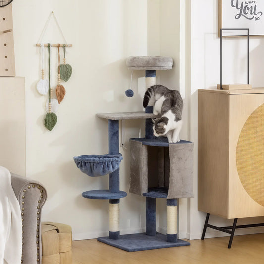 48" Cat Tree with Condo, Hammock, Perch, Scratching Posts, Blue and Grey