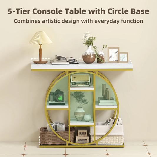 39.4" Console Table With Storage Shelves, White Marble Effect, White