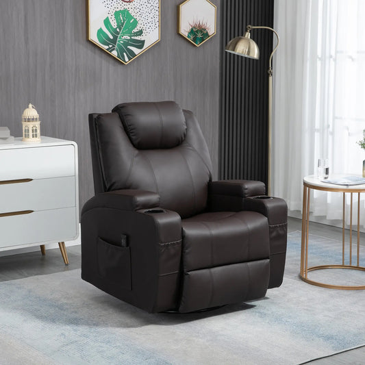 Massage Recliner Chair, Swivel Rocker, 8 Vibration Points, PU Leather, Brown Single Sofas Brown at Gallery Canada