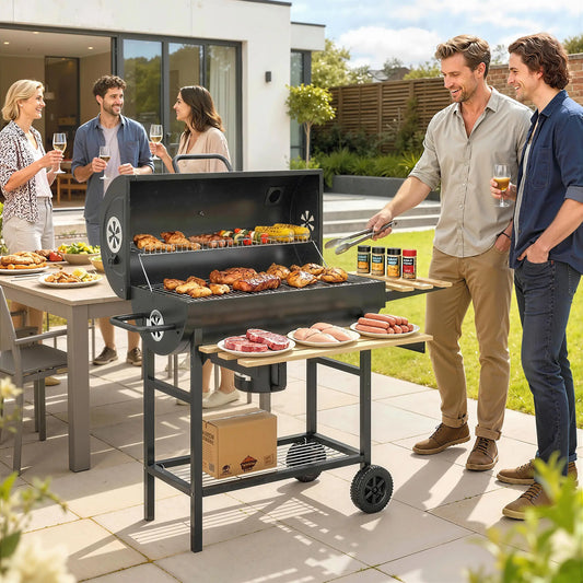 Charcoal BBQ Grill With Foldable Shelves, Warming Rack, Thermometer, Wheels Charcoal BBQ Grils Natural Wood, Black at Gallery Canada