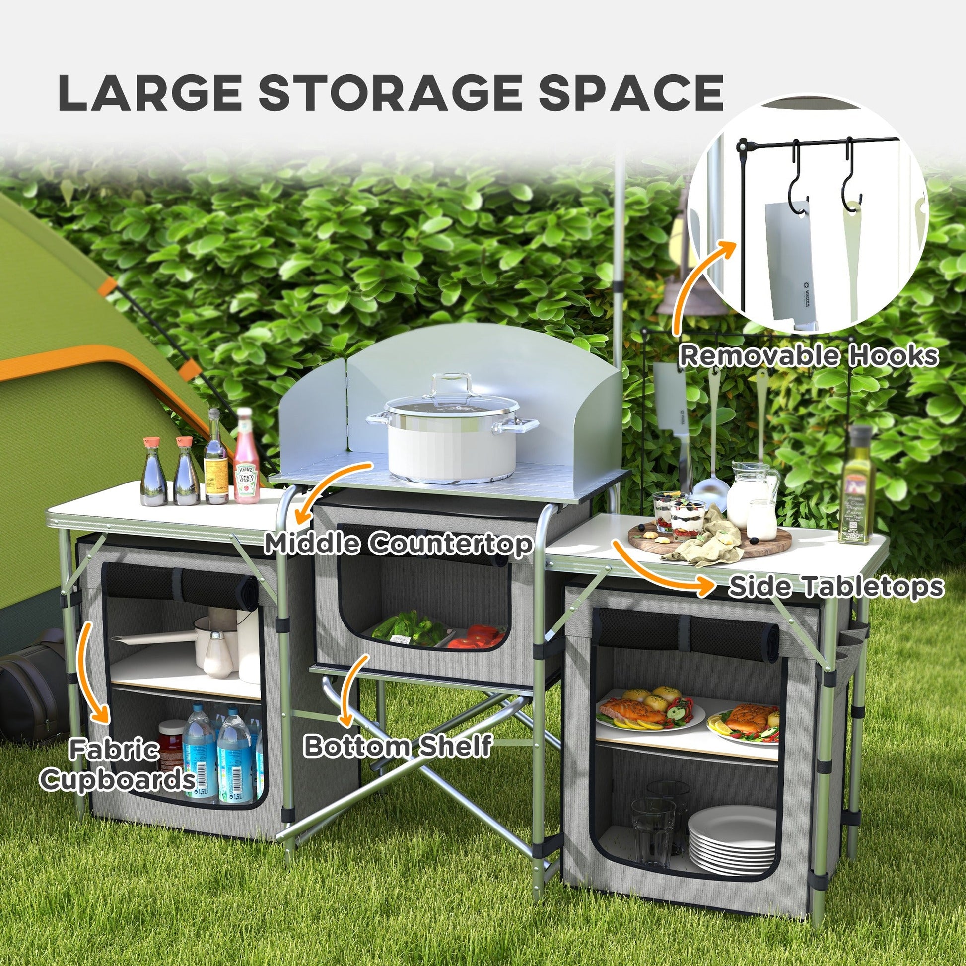 Aluminum Camping Kitchen, Portable Folding Camping Table with Fabric Cupboards, Windshield, Bag for BBQ, Picnic, Grey at Gallery Canada
