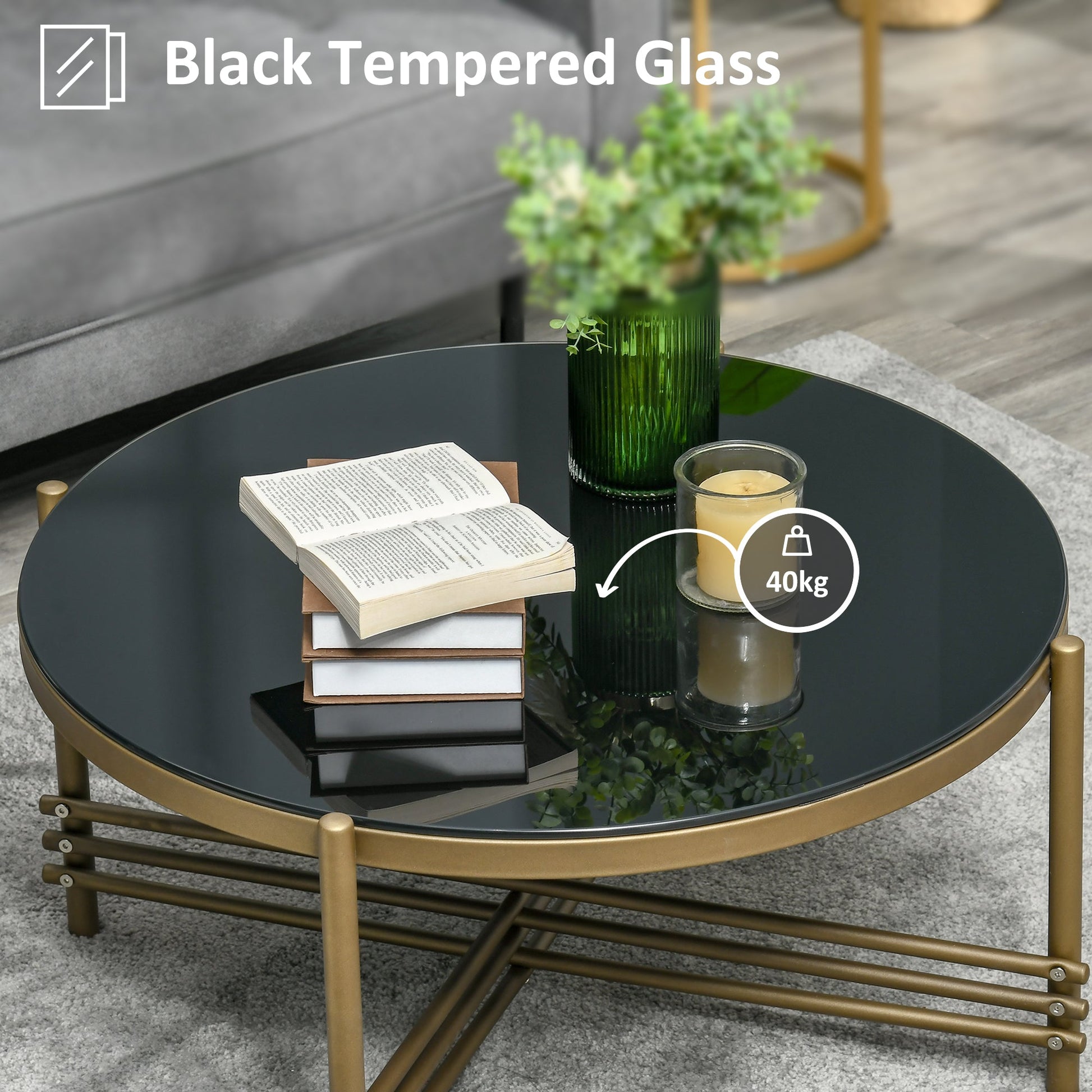Round Coffee Table with Tempered Glass Top and Golden Metal Legs, Accent Cocktail Table for Living Room at Gallery Canada
