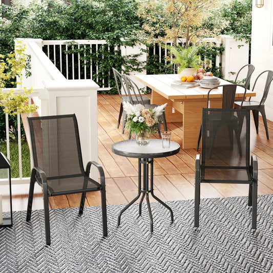 3 Piece Bistro Set, Stackable Mesh Chairs, Glass Table, Black Bistro Sets Black at Gallery Canada