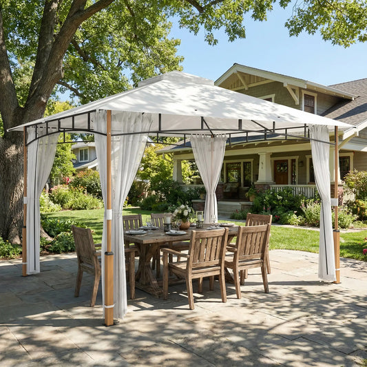 10' x 12' Cream White Patio Gazebo, UPF50+ Double Roof With Netting, Cream White Gazebos Teak, Cream White at Gallery Canada