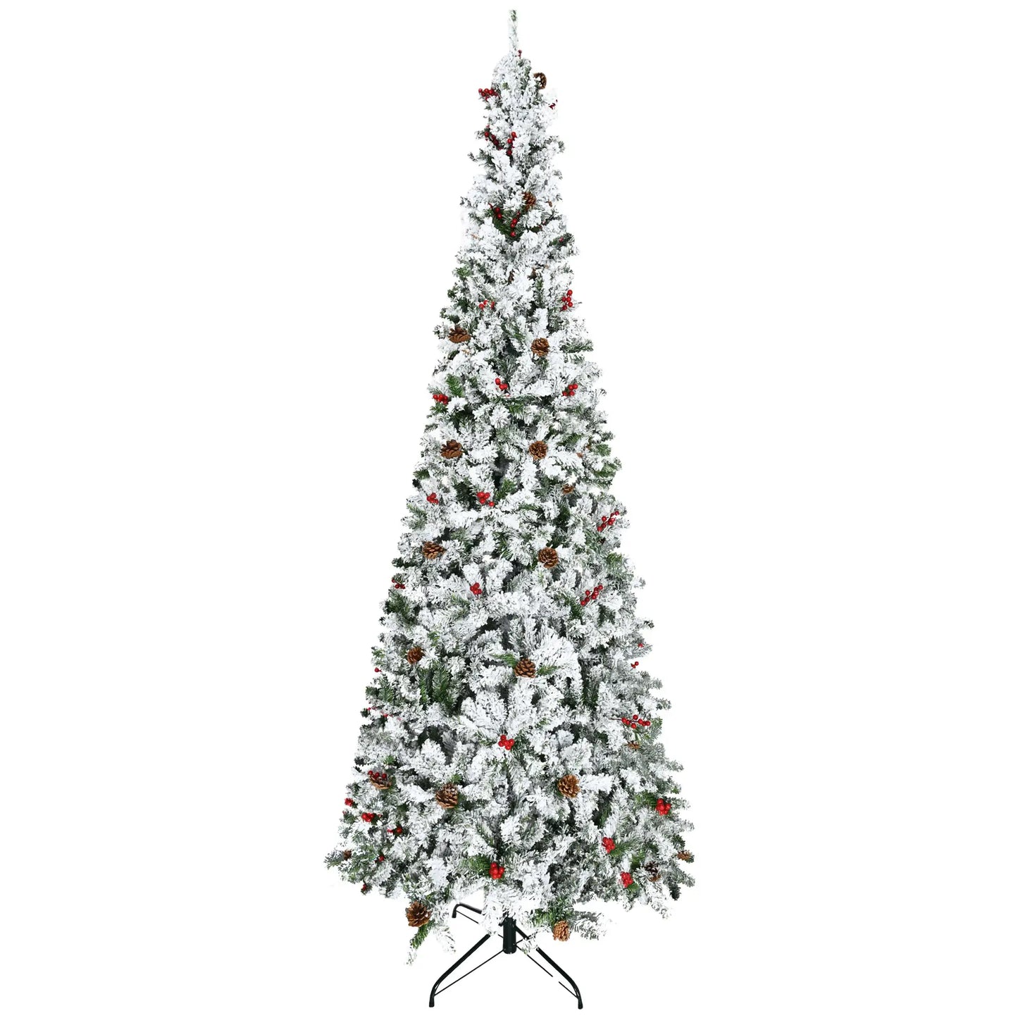 9-Foot Pencil Snow Flocked Artificial Christmas Tree, 1350 Pine Branches, Pine Cones, Red Berries, Auto Open, Green Pencil Christmas Trees at Gallery Canada