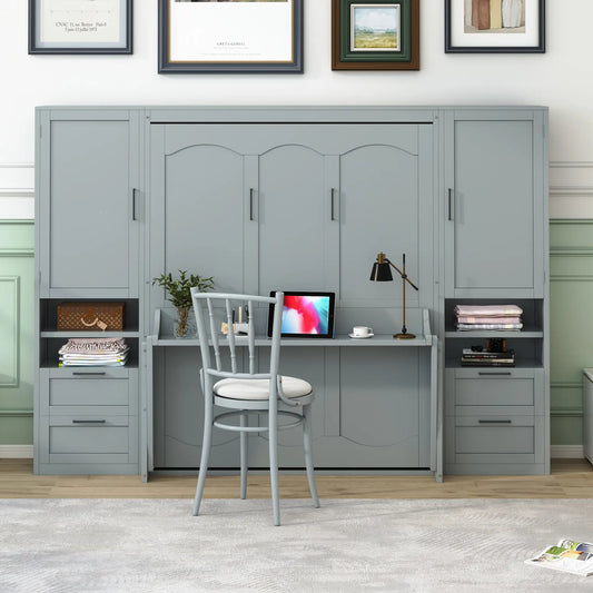 Queen Murphy Bed with Closet, Drawers, Shelves, 114" L x 17" W x 87" H, Grey Bed Frames Grey at Gallery Canada