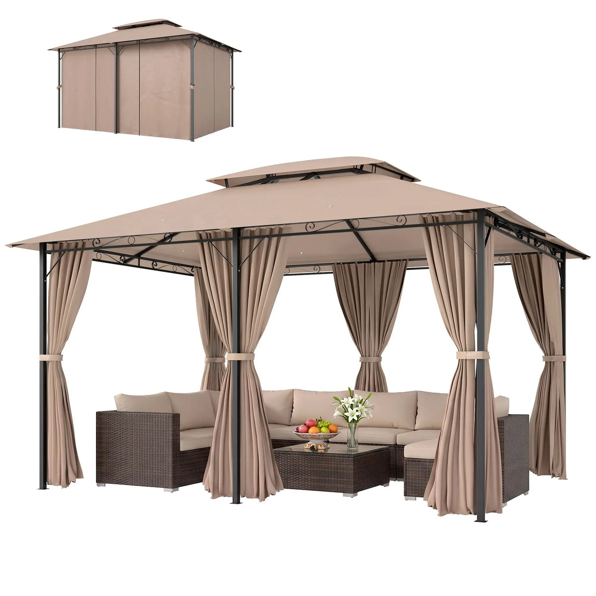 10' x 13' Patio Gazebo, Outdoor Garden Canopy with Curtains, Khaki Gazebos at Gallery Canada