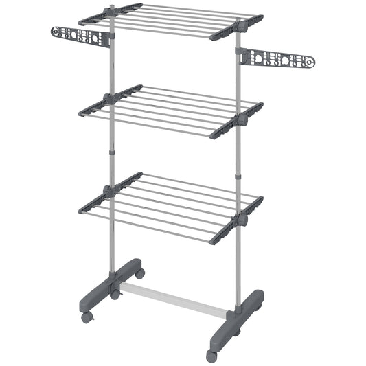 3-Tier Clothes Drying Rack, Stainless Steel Laundry Rack with 2 Side Wings and 6 Castors, Collapsible Adjustable Clothes Airer for Indoor Outdoor, Grey - Gallery Canada