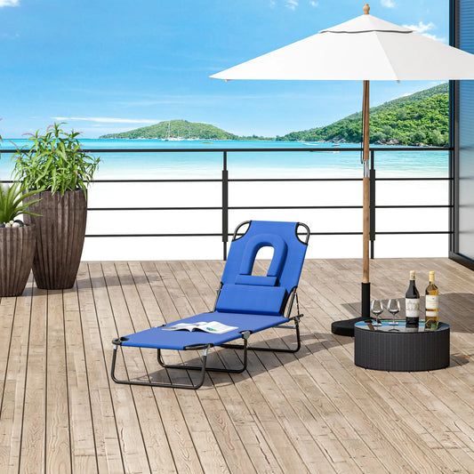 Adjustable Outdoor Lounge Chair, Folding Chaise with Face Hole, Blue Lounger Chairs Blue at Gallery Canada