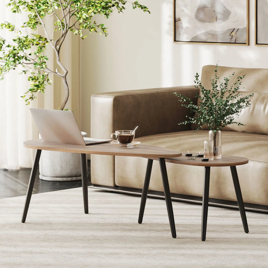 2 Pc Coffee Table Set, Industrial Nest Tables, Steel Legs, Brown