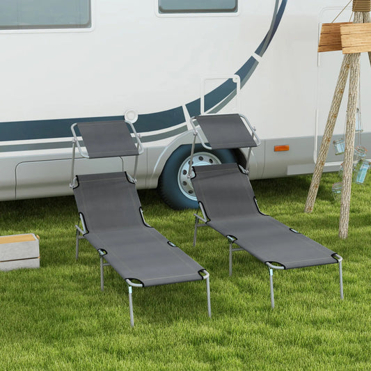 Outdoor Lounge Chair, Adjustable Folding Chaise With Sun Shade, Grey Lounger Chairs Grey at Gallery Canada