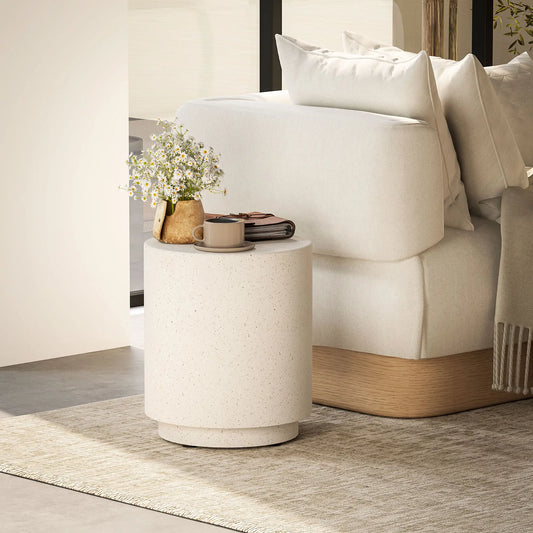 Terrazzo Finish Side Table, 17" Round, White, Cream Side Tables Cream at Gallery Canada