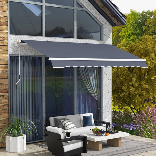 12' x 8' Retractable Patio Awning, Manual Crank, UV Water-Resistant, Grey Deck Awnings Dark Grey at Gallery Canada