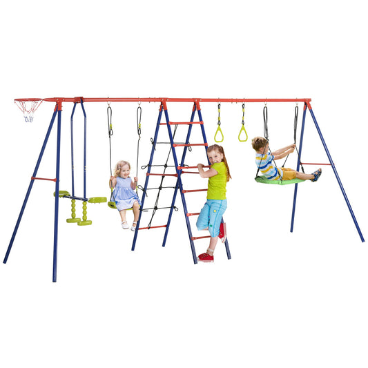 6 In 1 Swing Set for Kids Outdoor, Metal Swing Frame with Saucer Swing, Climbing Frame, Glider, Trapeze Bar, Basketball Hoop - Gallery Canada