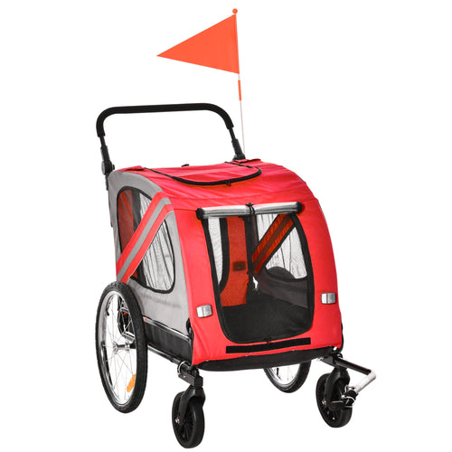 Dog Bike Trailer, 2-in-1 Dog Wagon Pet Stroller for Travel with Universal Wheel Reflectors Flag, for Small and Medium Dogs, Red