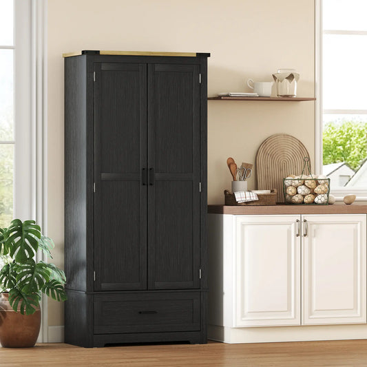 69" Tall Kitchen Pantry Cabinet, 2 Doors, Drawer, Adjustable Shelves, Black Brown Kitchen Pantry Cabinets Black, Brown at Gallery Canada