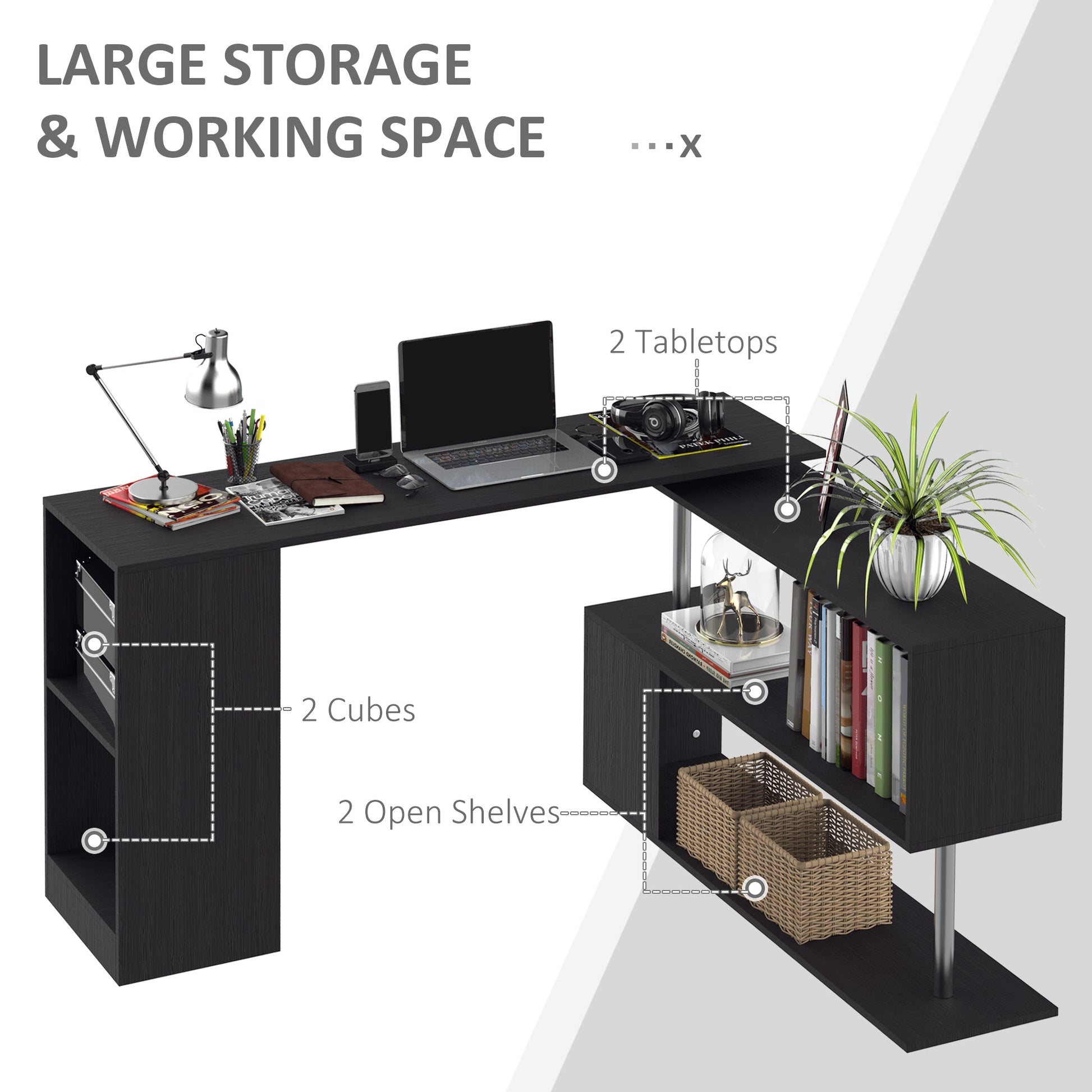55" Corner Computer Desk, 360° Rotating L-Shaped Desk, Home Office Workstation with 3-Tier Shelves, Bookshelf, Black - Gallery Canada