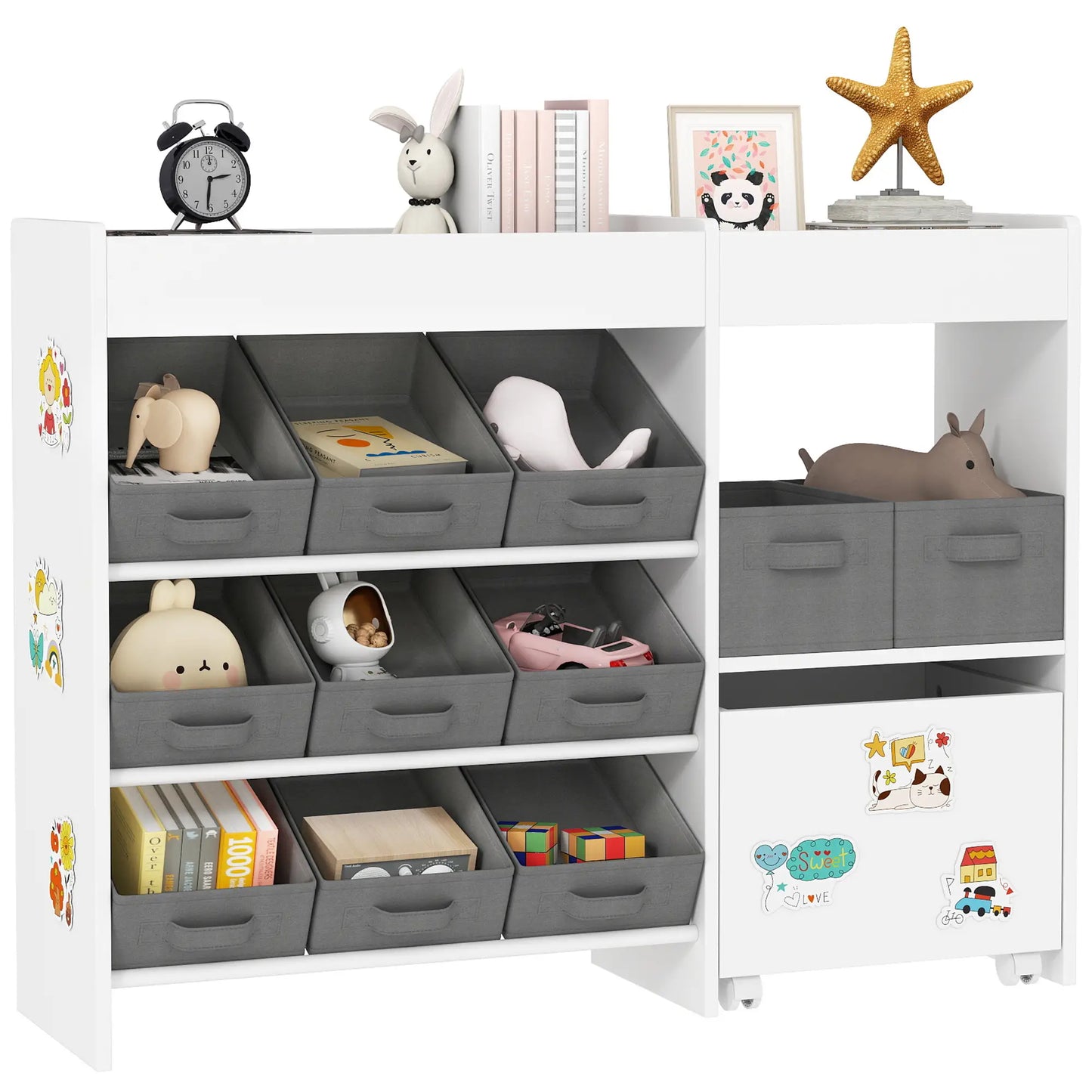 Kids Toy Storage Organizer with 11 Bins, Moveable Cabinet, Top Shelves, 3 Stickers, for Nursery, Playroom, White Bookshelves & Bookcases at Gallery Canada