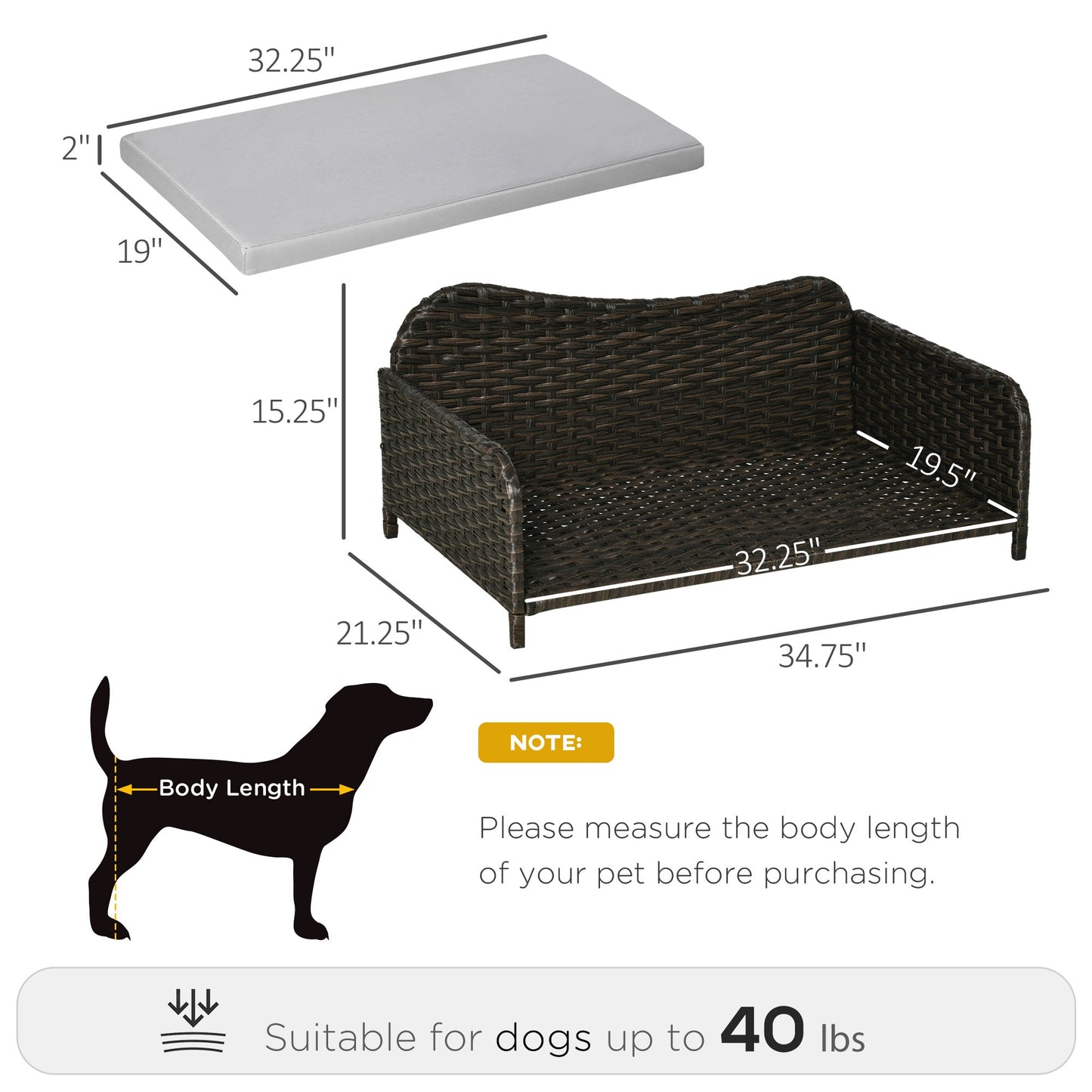 Rattan Pet Sofa for Large &; Medium Dogs, Indoor &; Outdoor Raised Wicker Dog Bed, Cat Couch, with Soft Washable Cushion, Charcoal Grey at Gallery Canada