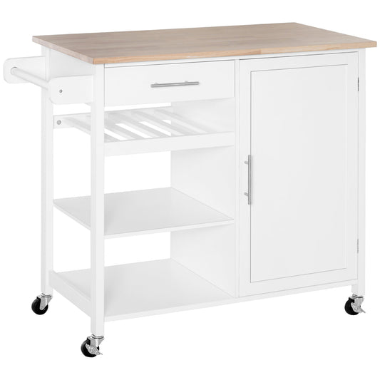 4-Tier Rolling Kitchen Island Utility Trolley Serving Cart Kitchen Storage Cart w/ Towel Rack, Butcher Block Countertop, Cabinet, Drawer, Shelves, White at Gallery Canada