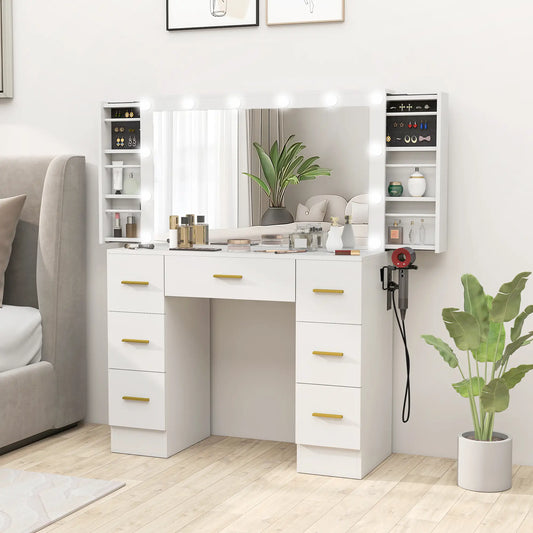 Makeup Vanity Desk with Mirror, Lights, 7 Drawers, White Dressing & Vanity Tables White at Gallery Canada