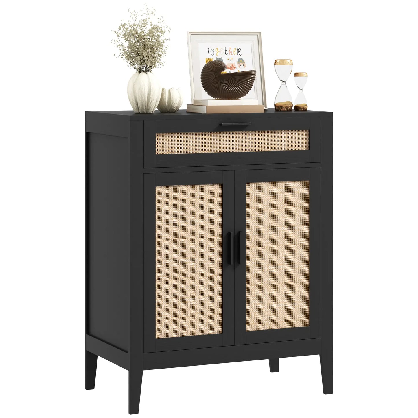Boho Kitchen Sideboard, 2 Rattan Doors, Drawer, Black Storage Cabinets at Gallery Canada