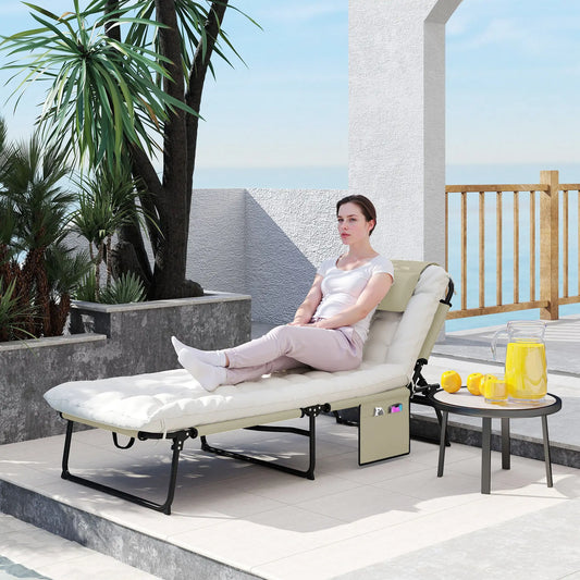 Folding Lounge Chair, 4-Level Reclining Back, Cushion, Beige Lounger Chairs Beige, Black at Gallery Canada