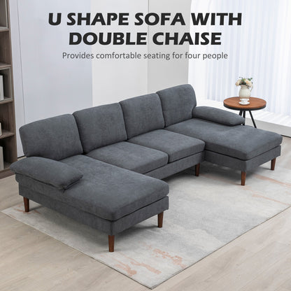 U Shape Couch with Double Chaise Lounge, Modern 4 Seater Sofa with Wooden Legs, Fabric Sofa for Living Room, Dark Grey - Gallery Canada