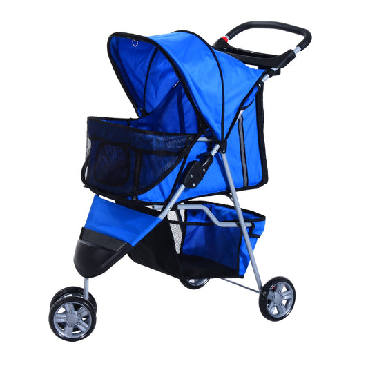 Deluxe 3 Wheels Pet Stroller Foldable Dog Cat Carrier Strolling Jogger with Brake, Canopy, Cup Holders and Bottom Storage Space (Blue) - Gallery Canada