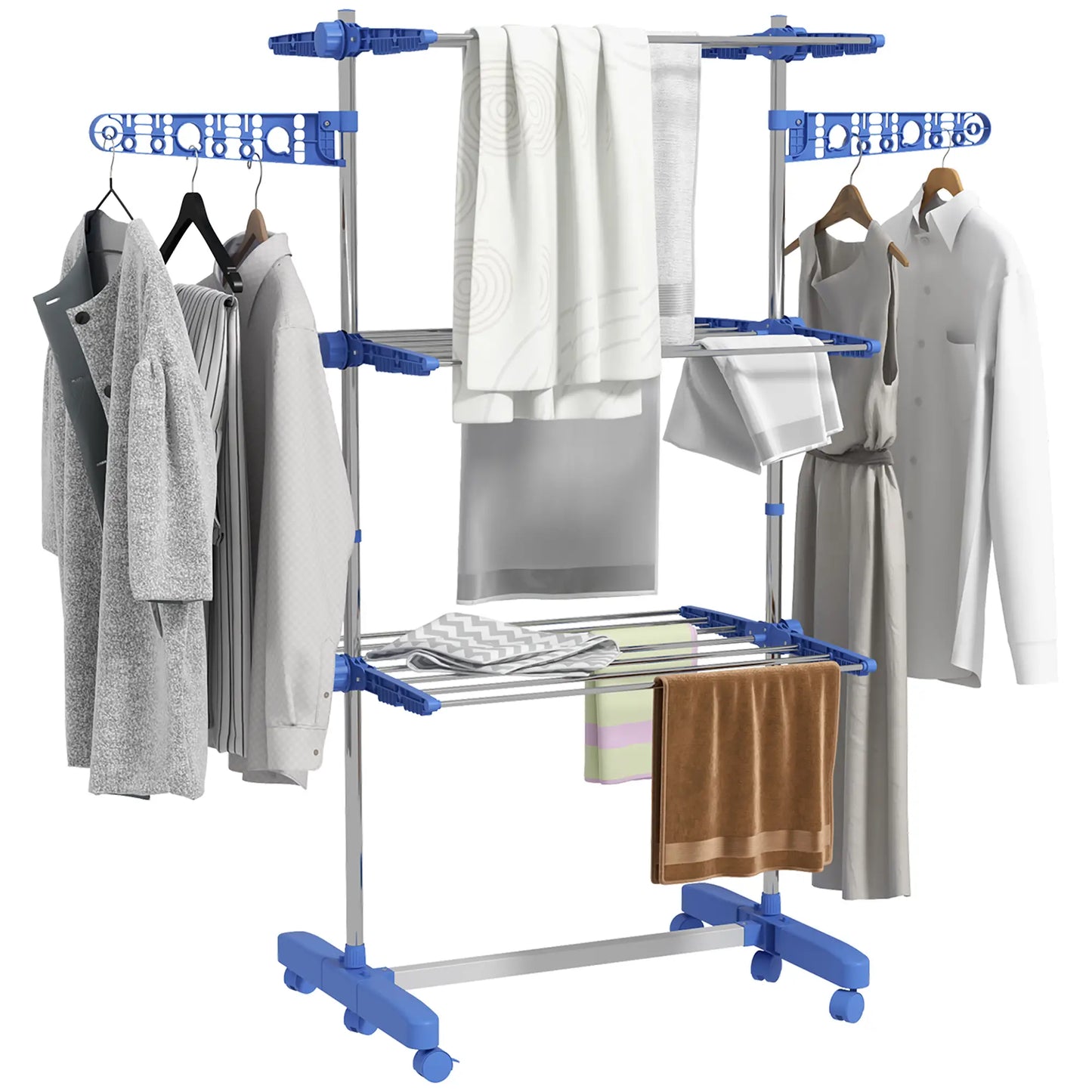 3-Tier Clothes Drying Rack, Stainless Steel Laundry Rack with 2 Side Wings and 6 Castors, Collapsible Adjustable Clothes Airer for Indoor Outdoor, Blue Bath Accessories at Gallery Canada