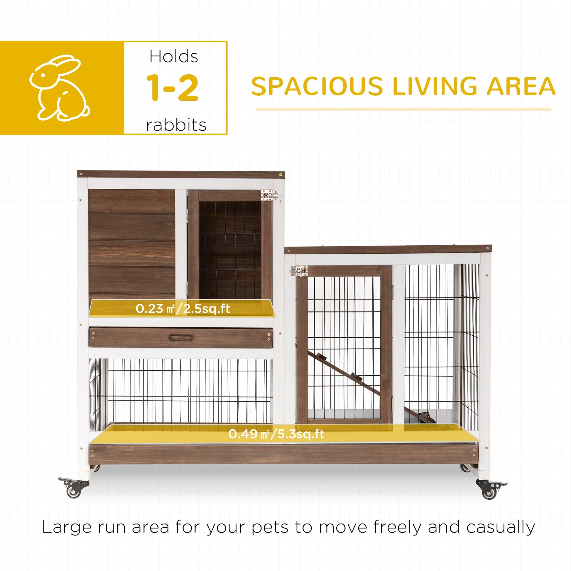 Rabbit Hutch Indoor Bunny Cage Guinea Pig House on Wheels with Run, Pull Out Trays, Brown and White at Gallery Canada