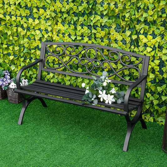 50" 2-Seater Outdoor Garden Bench, Antique Loveseat with Armrest, Steel/Black, Black Outdoor Benches Black at Gallery Canada