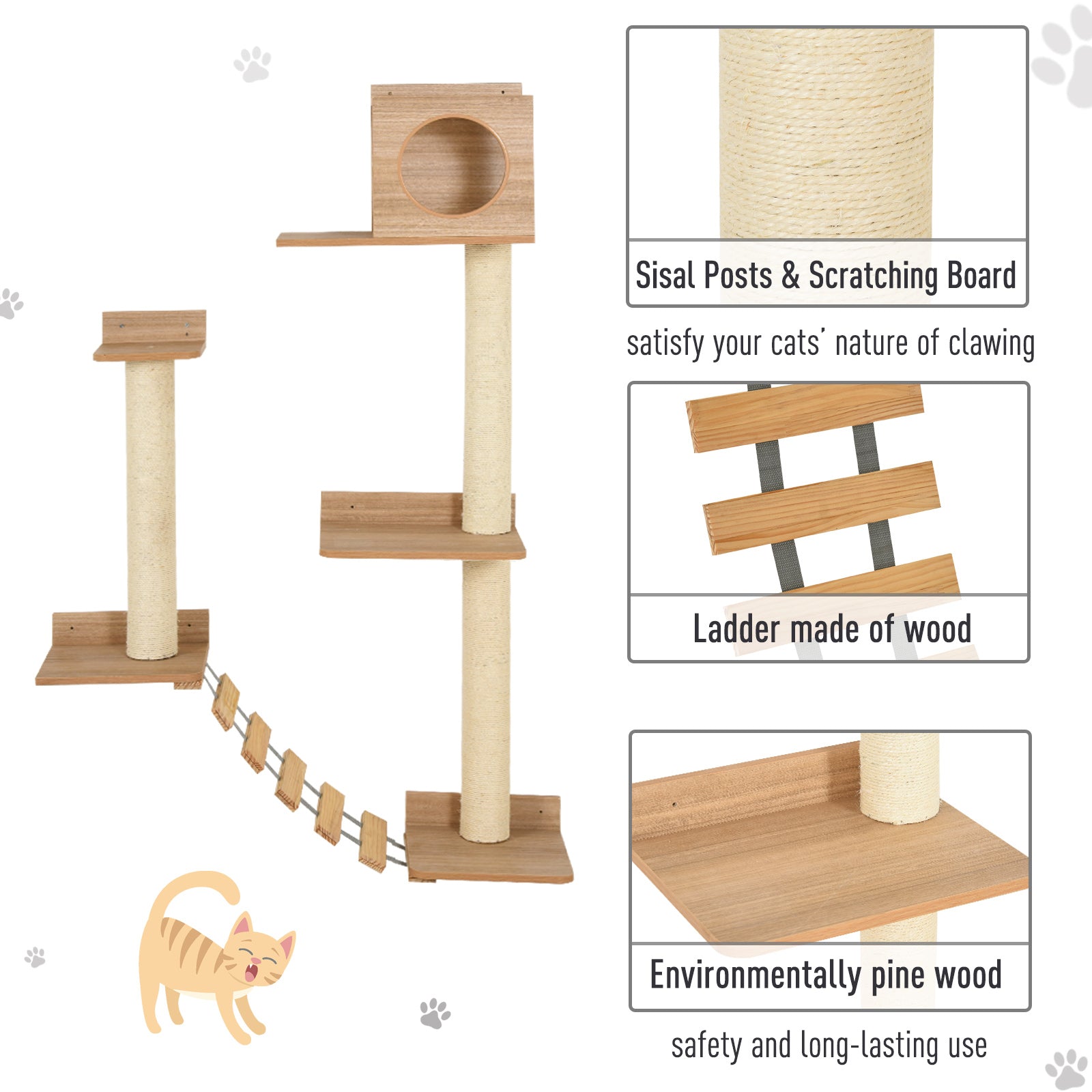 Wall Mounted Cat Tree with Scratching Post Condo Bridge Cat Climbing Shelves Furniture, Brown at Gallery Canada