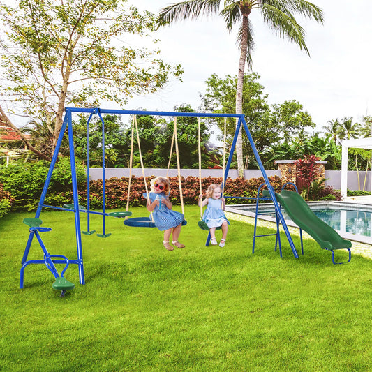 5 in1 Kids Swing Set, Saucer Swing, Slide, Seesaw, Glider, Swing Seat Gym Sets & Swings Blue, Green, Brown at Gallery Canada
