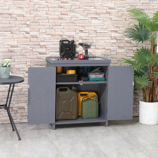Outdoor Garden Storage Cabinet, Galvanized Top, Two Shelves, Grey Sheds Grey at Gallery Canada