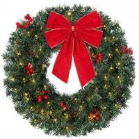 Couronne de Noël artificielle de 24 pouces, 50 lumières LED, nœud, vert