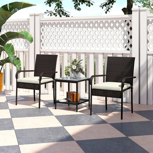 3 Piece Wicker Patio Set, Stackable Chairs, Washable Cushion, Tempered Glass Top, Brown Bistro Sets Brown, Cream White, Black at Gallery Canada